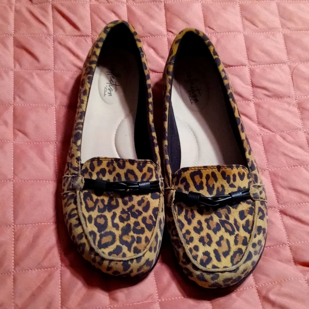 Clarks Collection Ashland Leopard Suede Loafer Shoes Women’s Size 10 Wide
